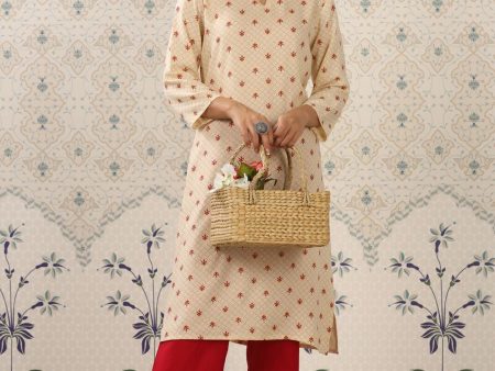 Ode by House of Pataudi Cream-Coloured & Red Printed Notched Neck Kurta With Palazzos Cheap