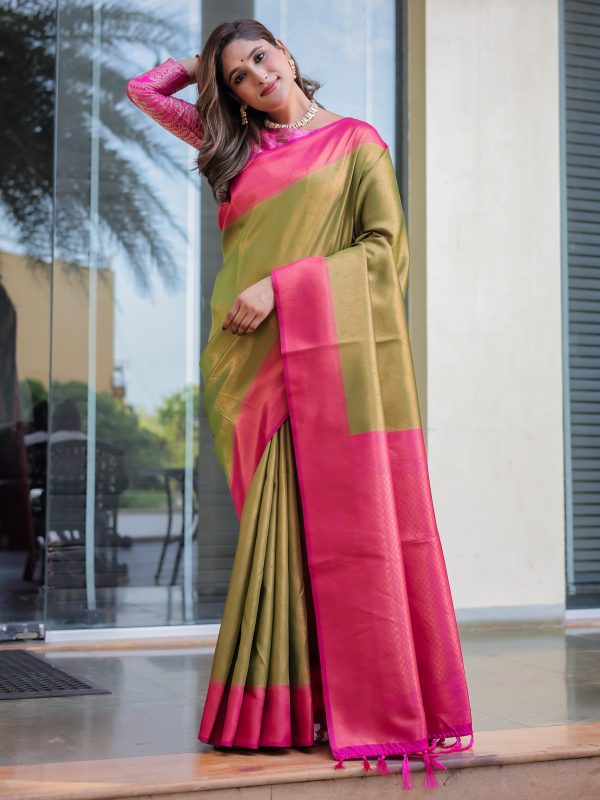 Sonakshi Women s Green Kanjivaram Silk Zari Woven Traditional Saree with Blouse Online