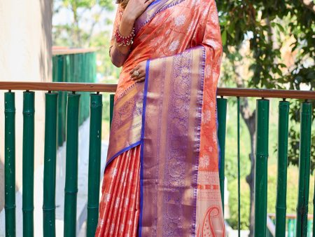 Sonakshi Women s Orange Banarasi Handloom Silk Zari Woven Traditional Saree with Blouse Hot on Sale