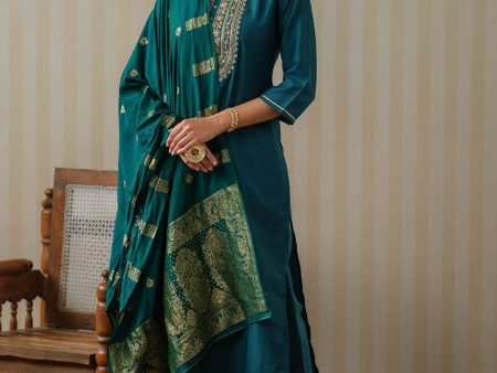 Ode by House of Pataudi Ethnic Motifs Embroidered Straight Kurta & Trousers With Dupatta Online Hot Sale