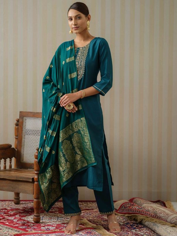 Ode by House of Pataudi Ethnic Motifs Embroidered Straight Kurta & Trousers With Dupatta Online Hot Sale