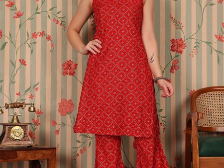 Ode by House of Pataudi Bandhani Printed V-Neck Gotta Patti Straight Kurta with Trousers Online Hot Sale