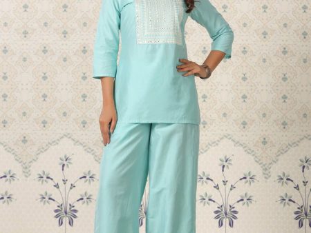 Ode by House of Pataudi Ethnic Motifs Embroidered Mirror Work Kurti with Palazzos Online Sale