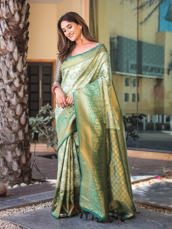 Sonakshi Women s Pista Dharmavaram Silk Zari Woven Traditional Saree with Blouse Sale