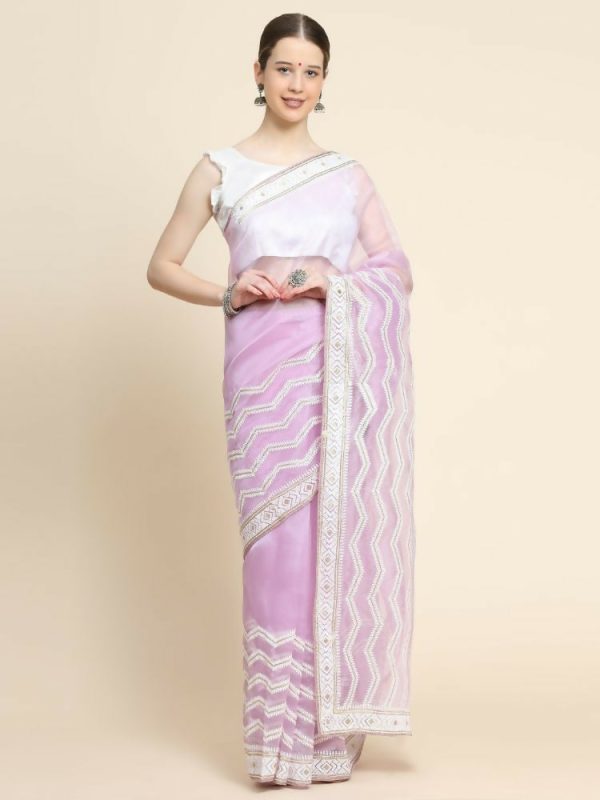 Vamsee Banno Lehriya Lavender Organza Saree For Cheap