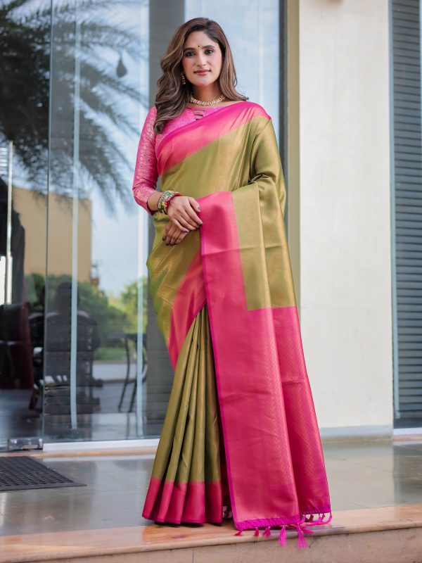 Sonakshi Women s Green Kanjivaram Silk Zari Woven Traditional Saree with Blouse Online