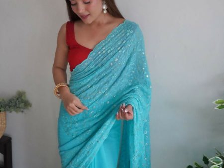 Vamsee Trendy Sequence Sky Blue Georgette Saree Online Sale