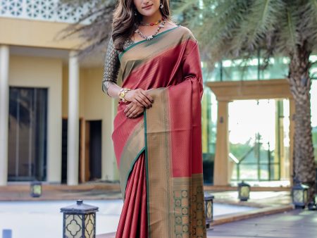 Sonakshi Women s Maroon Kanjivaram Silk Zari Woven Traditional Saree with Blouse For Cheap