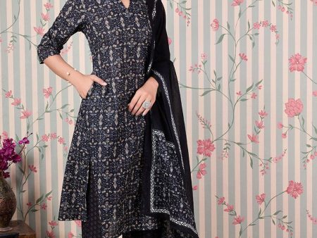 Ode by House of Pataudi Abstract Printed Regular Pure Cotton Kurta with Trousers & Dupatta Supply