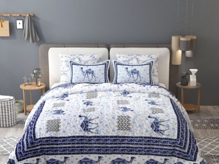 Blue Ethnic Motifs Cotton 200TC King Bedsheet With 2 Zipper Pillow Covers - King Size by House of Ree on Sale