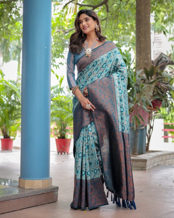 Sonakshi Women s Turquoise Banarasi Silk Zari Woven Traditional Saree with Blouse Online Sale