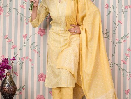 Ode by House of Pataudi Bandhani Printed Pure Cotton Kurta with Trousers & Dupatta For Sale