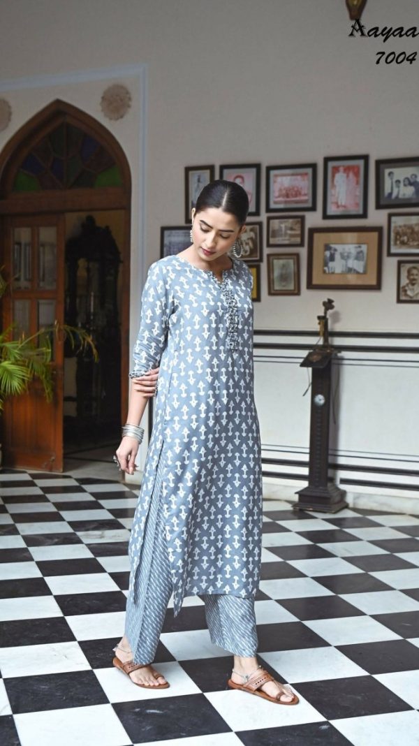 Aayaa Pure Muslin printed Kurti & Pant - Grey sky Online Hot Sale