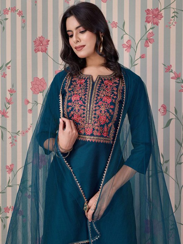 Ode by House of Pataudi Blue Ethnic Motifs Embroidered Zari Kurta With Trousers & Dupatta For Discount