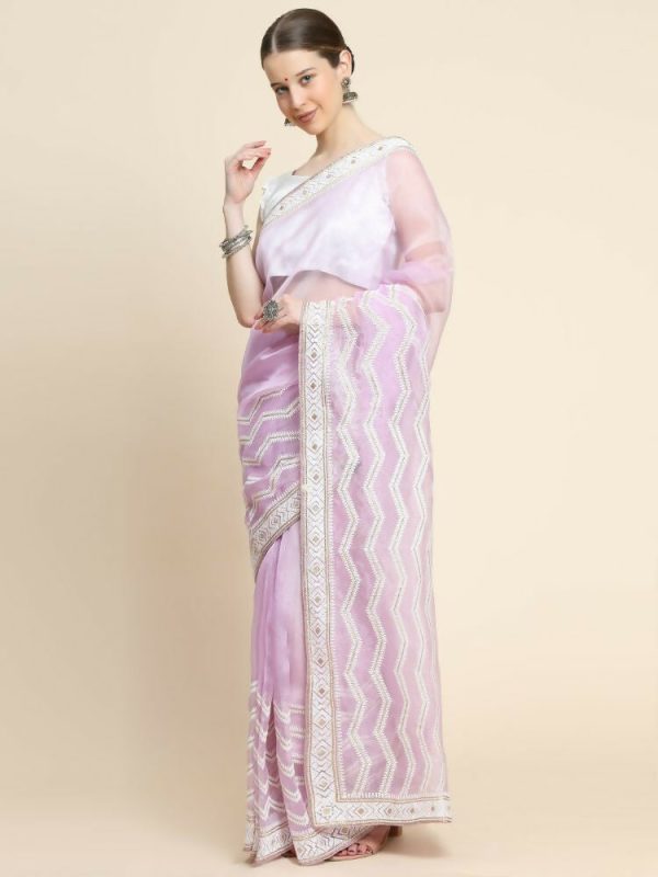 Vamsee Banno Lehriya Lavender Organza Saree For Cheap