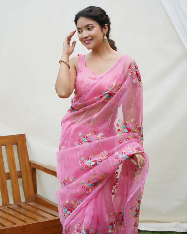 Vamsee Anamika Pink Organza Silk Saree on Sale