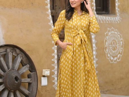 Aayaa Pure Muslin printed Kurti & Pant - Mustard yellow Online Sale