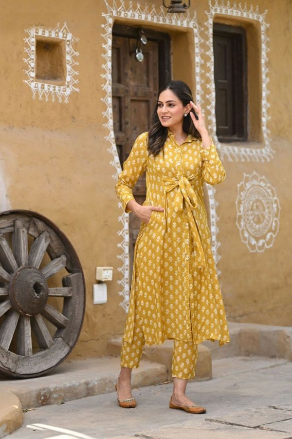 Aayaa Pure Muslin printed Kurti & Pant - Mustard yellow Online Sale