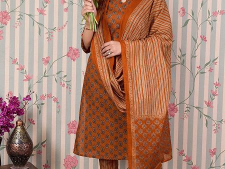 Ode by House of Pataudi Ethnic Motifs Printed Pure Cotton Kurta with Trousers & Dupatta on Sale