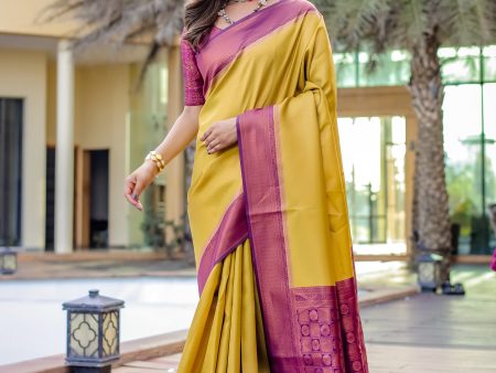 Sonakshi Women s Yellow Kanjivaram Silk Zari Woven Traditional Saree with Blouse Hot on Sale