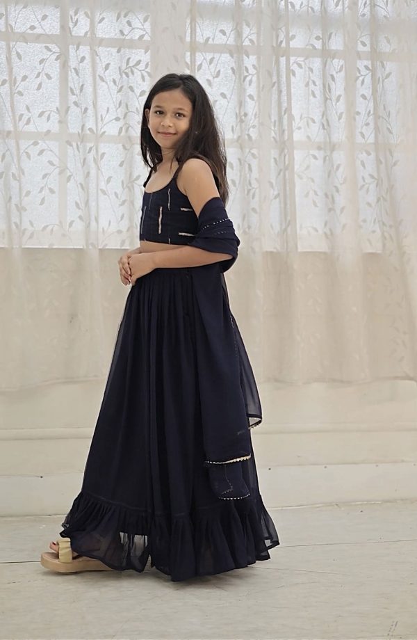 Sonakshi Girl s Navy Blue Faux Georgette Sequins with Thread Embroidered Lehenga Choli With Dupatta Set on Sale