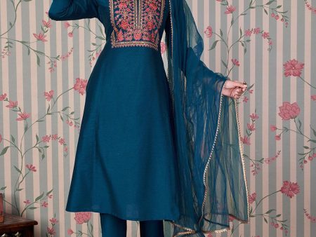 Ode by House of Pataudi Blue Ethnic Motifs Embroidered Zari Kurta With Trousers & Dupatta For Discount