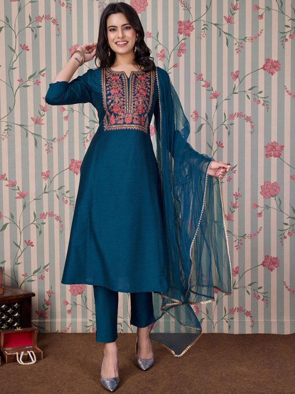 Ode by House of Pataudi Blue Ethnic Motifs Embroidered Zari Kurta With Trousers & Dupatta For Discount