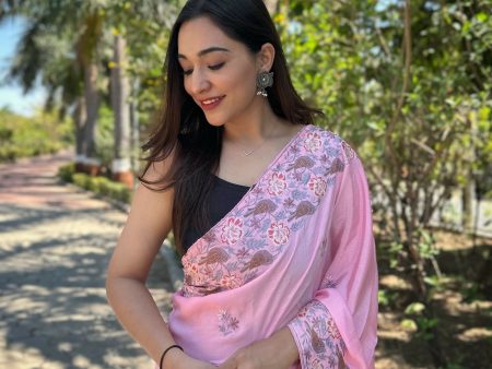 Vamsee Chinon Panchi Baby Pink Shimmer Saree Online now