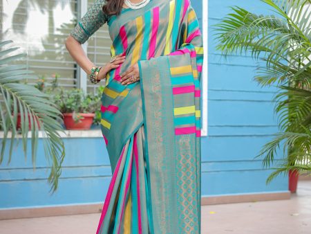 Sonakshi Women s Turquoise Semi Kanjivaram Pattu Silk Zari Woven Traditional Saree with Blouse Supply