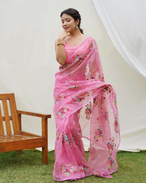 Vamsee Anamika Pink Organza Silk Saree on Sale