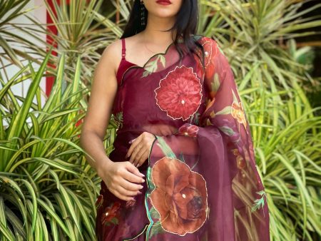 Vamsee Brijbala Maroon Organza Saree For Cheap