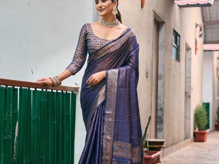 Sonakshi Women s Navy Blue Kanjivaram Handloom Zari Woven Traditional Saree with Blouse For Discount