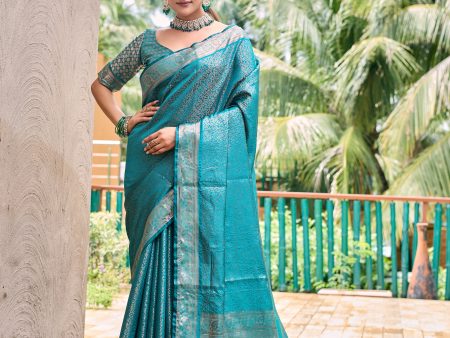 Sonakshi Women s Turquoise Kanjivaram Handloom Zari Woven Traditional Saree with Blouse Online