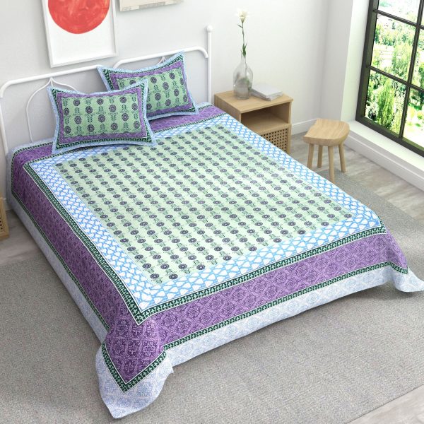 Blue Ethnic Motifs Cotton King Bedsheet With 2 Zipper Pillow Covers - King Size by House of Ree For Discount