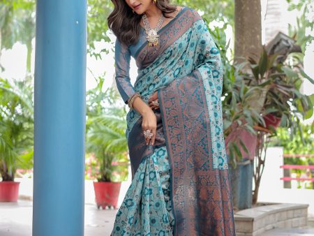 Sonakshi Women s Turquoise Banarasi Silk Zari Woven Traditional Saree with Blouse Online Sale