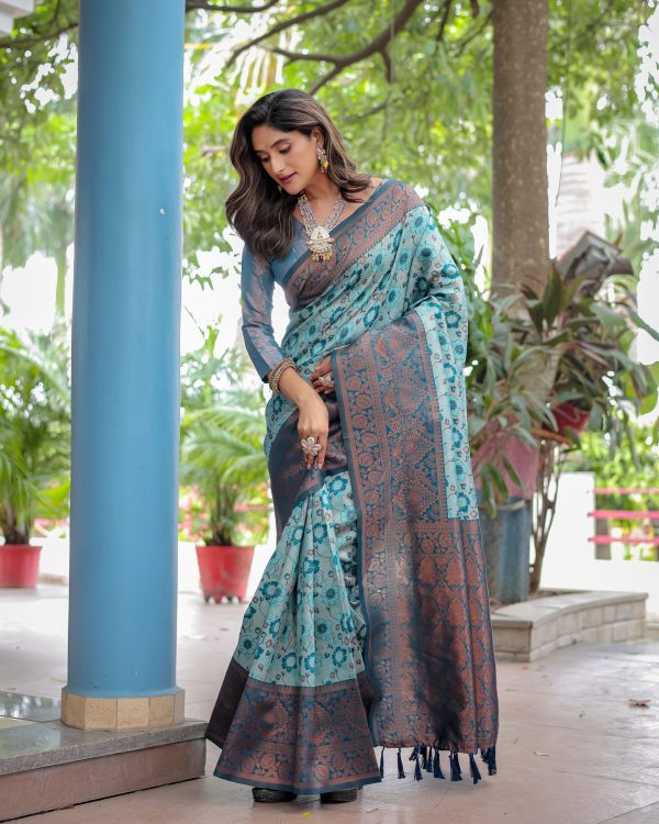 Sonakshi Women s Turquoise Banarasi Silk Zari Woven Traditional Saree with Blouse Online Sale