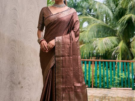 Sonakshi Women s Brown Kanjivaram Handloom Zari Woven Traditional Saree with Blouse Online