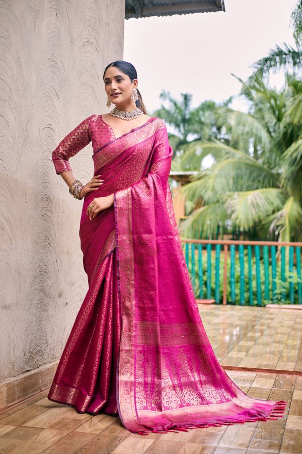 Sonakshi Women s Pink Kanjivaram Handloom Zari Woven Traditional Saree with Blouse Hot on Sale