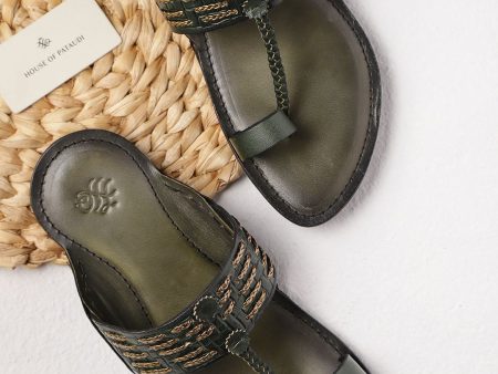 House of Pataudi Men Olive Green & Gold-Toned Handcrafted Synthetic Leather Braided One-Toe Sandals Online