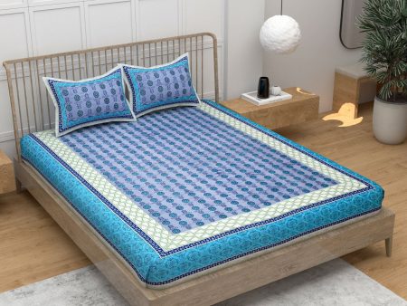 Blue Ethnic Motifs Cotton 220 TC King Bedsheet With 2 Zipper Pillow Covers - King Size by House of Ree Supply