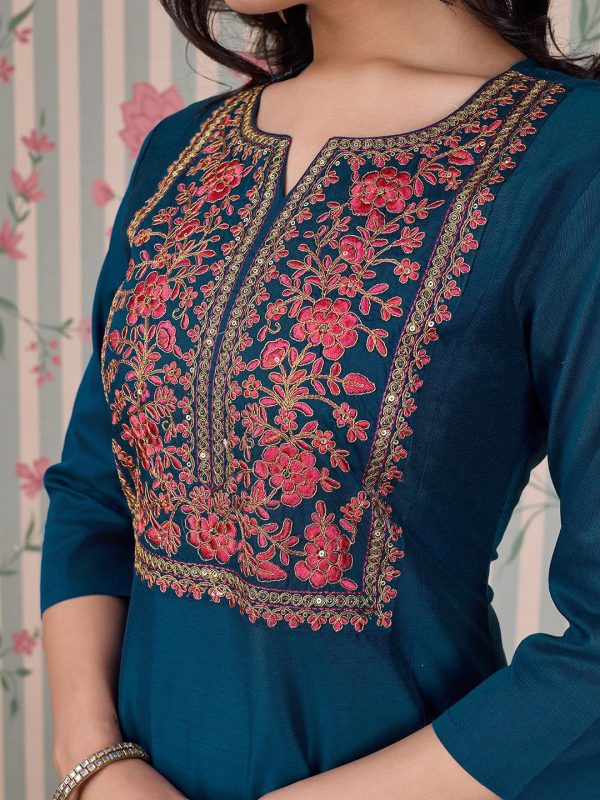 Ode by House of Pataudi Blue Ethnic Motifs Embroidered Zari Kurta With Trousers & Dupatta For Discount