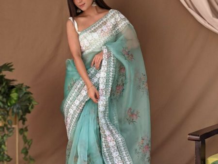 Vamsee White Border C-Green Organza Saree on Sale