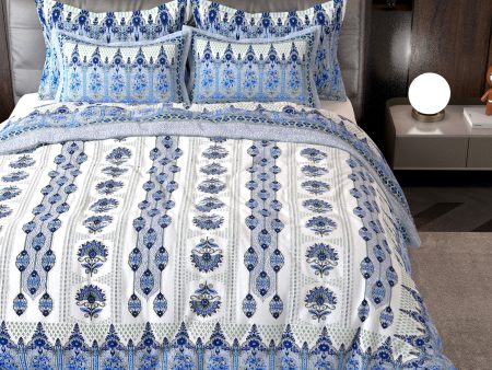 Blue Ethnic Motifs Cotton 220 TC Bedsheet With 2 Zipper Pillow Covers - King Size by House of Ree Online Sale