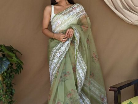 Vamsee White Border Green Organza Saree For Cheap