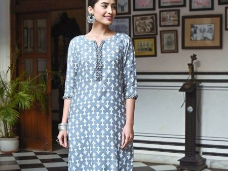 Aayaa Pure Muslin printed Kurti & Pant - Grey sky Online Hot Sale