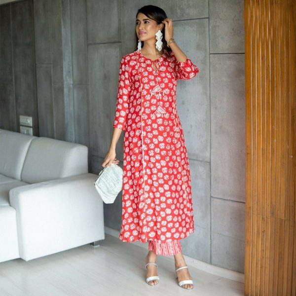 Aayaa Pure Muslin printed Kurti & Pant - Red For Cheap