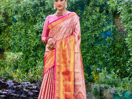 Sonakshi Women s Peach Banarasi Handloom Silk Zari Woven Traditional Saree with Blouse For Cheap