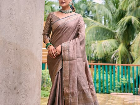 Sonakshi Women s Beige Kanjivaram Handloom Zari Woven Traditional Saree with Blouse For Sale