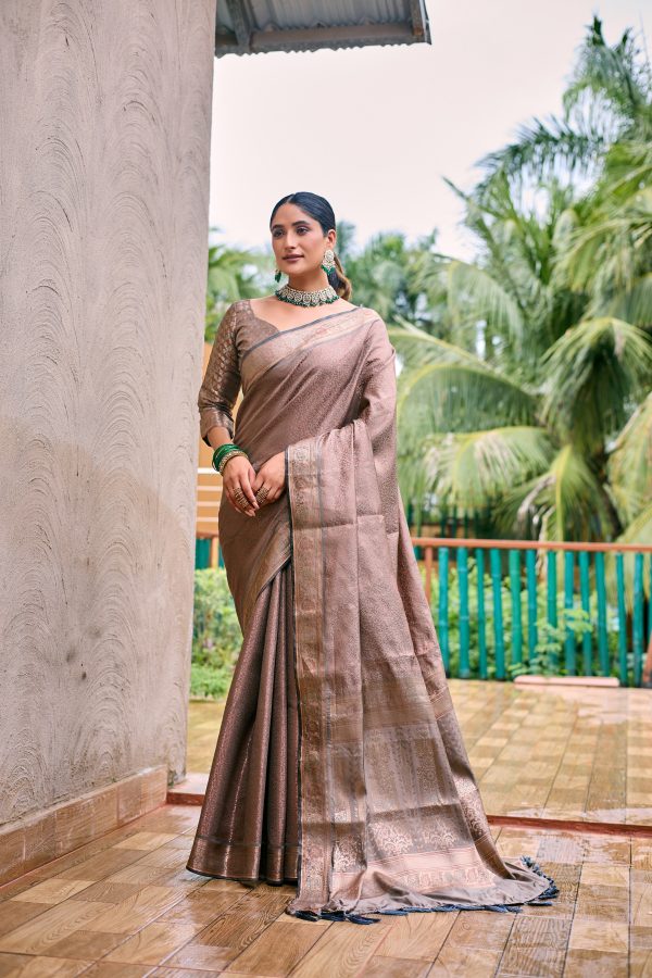 Sonakshi Women s Beige Kanjivaram Handloom Zari Woven Traditional Saree with Blouse For Sale