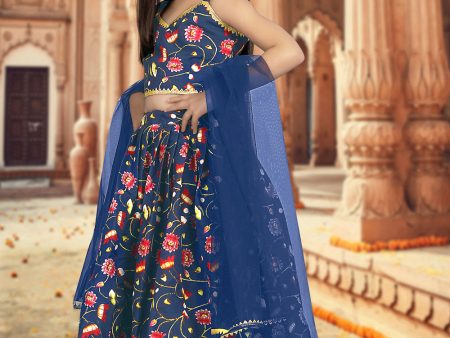 Sonakshi Girl s Blue Silk Digital Print with Sequins Lehenga Choli With Dupatta Set Discount